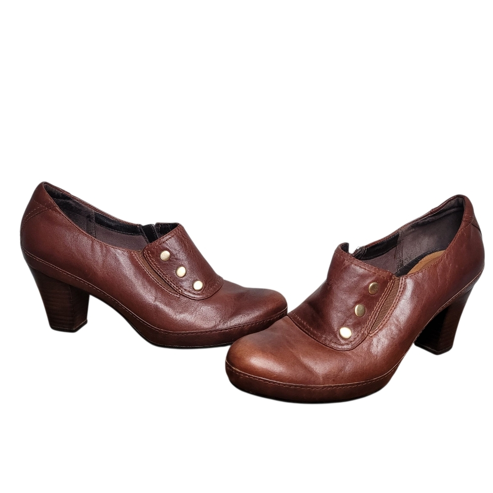 Clarks Women's Brown Stacked Heel Shootie Size 9M Flawed